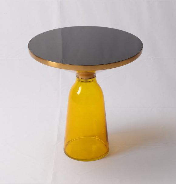 Material: Round table top of painted black glass + Aluminium alloy top frame with gold color + Hand-blown glass base-shopsabrinabitton.com